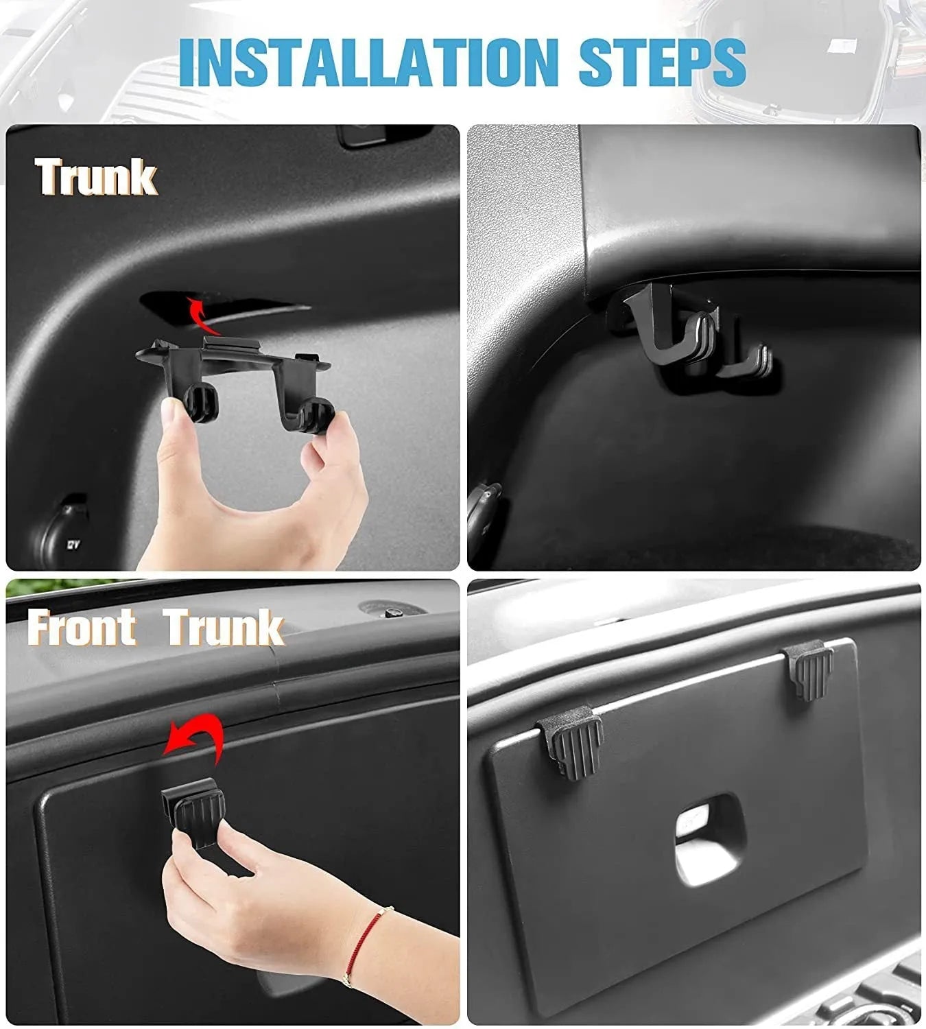 Single black ABS plastic trunk lid hook for Tesla Model Y on dark surface