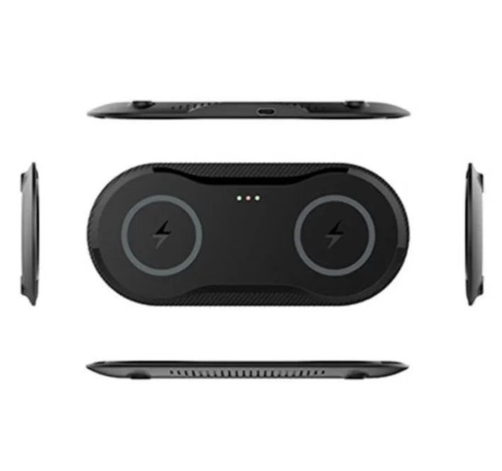 Black and white dual wireless charging pad charging two smartphones simultaneously
