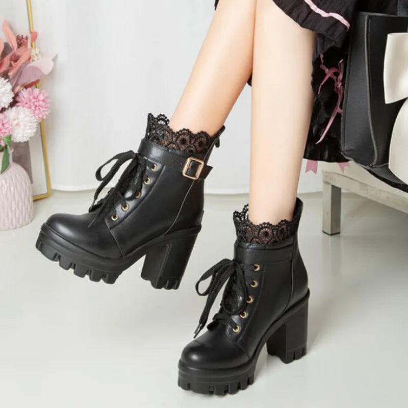 Women's lace-up ankle boots with 6-8cm thick heel, round toe and side zipper in white, black or brown