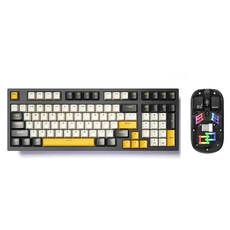 Custom mechanical keyboard and wireless mouse in selected colour option with backlight illumination.