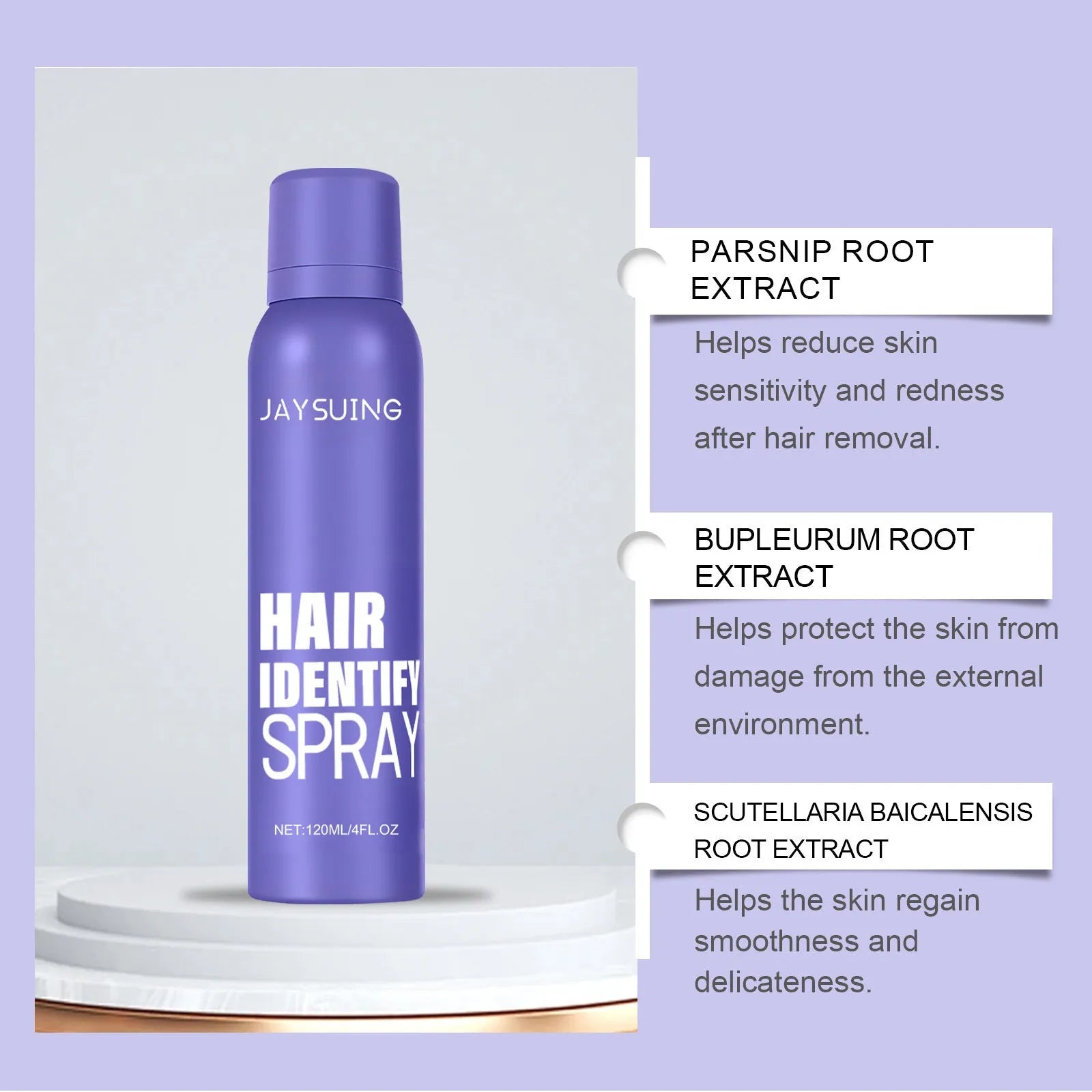 120ml portable hair removal spray bottle with non-irritating formula containing botanical extracts.