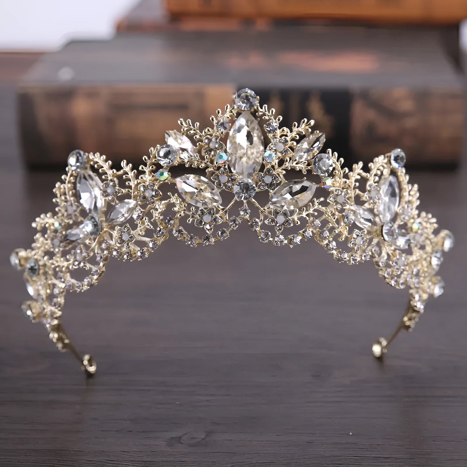 Light gold baroque bridal crown tiara with AB crystals on alloy frame measuring 15 cm diameter
