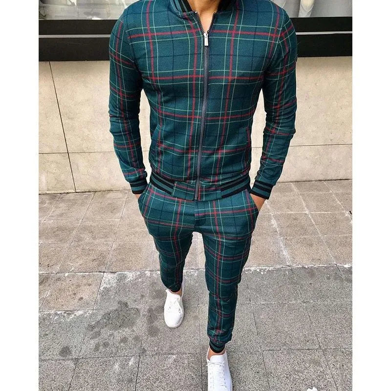 Men's grid patchwork two-piece zipper tracksuit set in blue with stand-up collar and small leg trousers