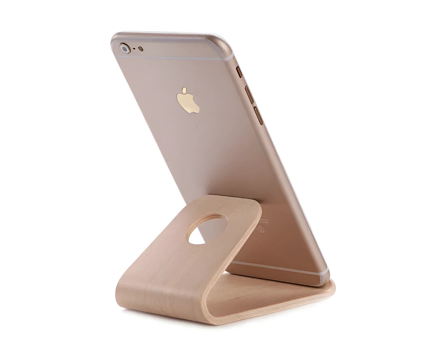 Wooden iPhone stand in walnut finish holding an Apple iPhone