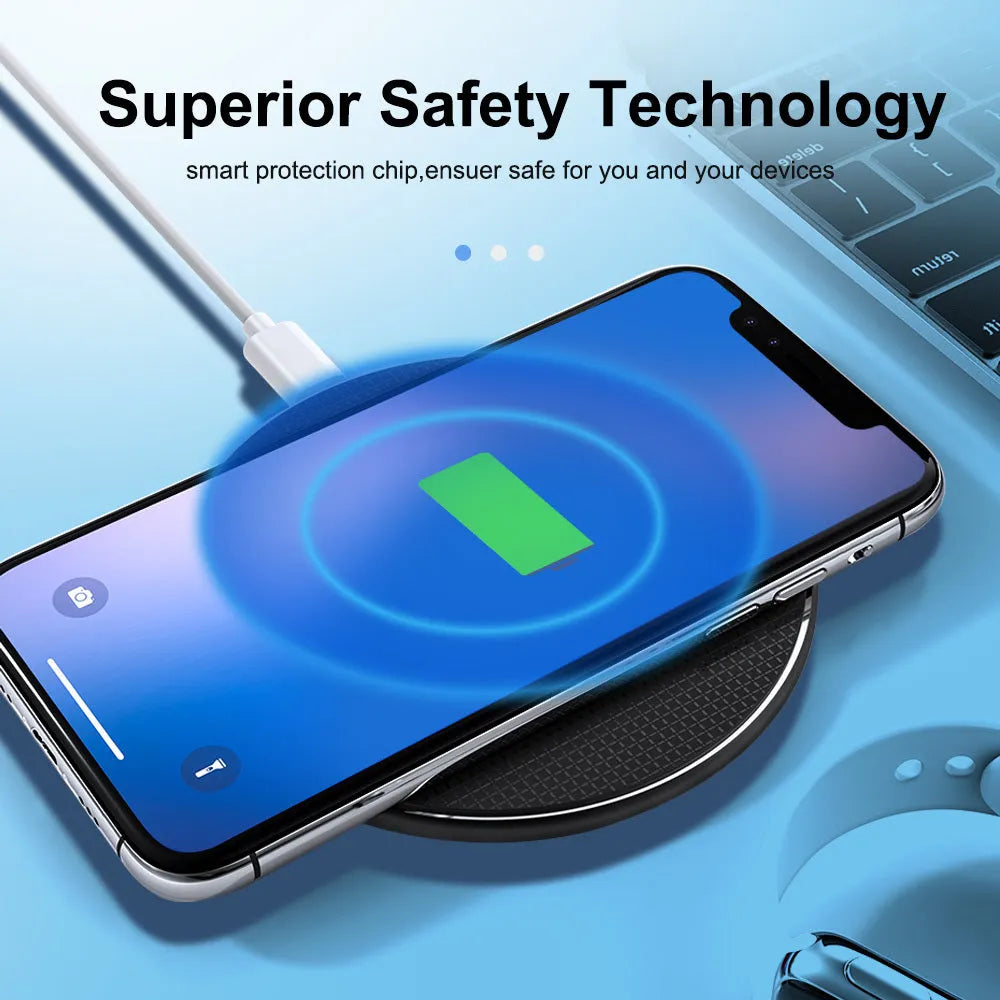 10W wireless charger pad in black, 101mm diameter, slim design for Qi phones