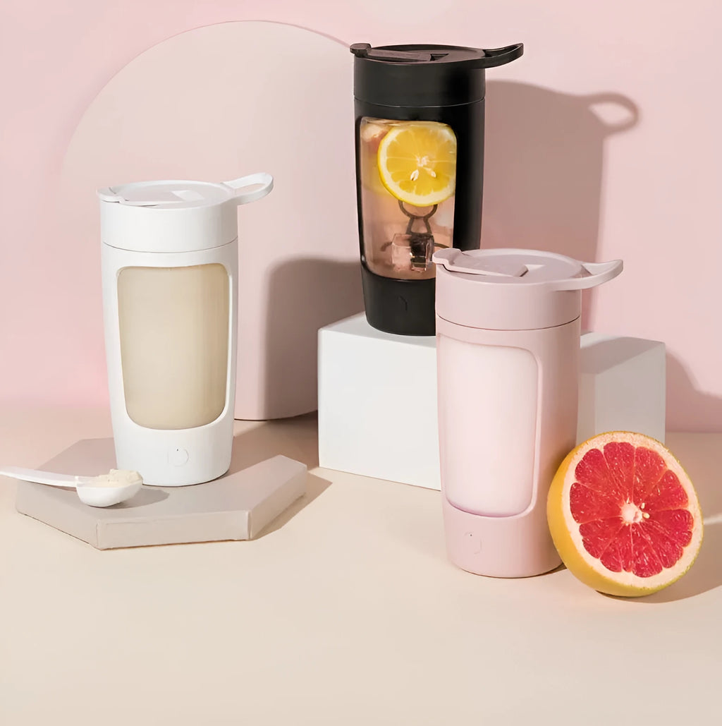 Portable automatic blender cup in four colour options showing compact design with integrated drinking vessel