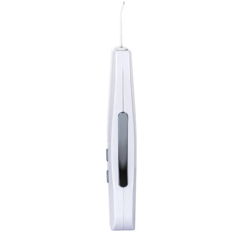 White ultrasonic facial cleanser with ABS body and stainless steel head on blue background