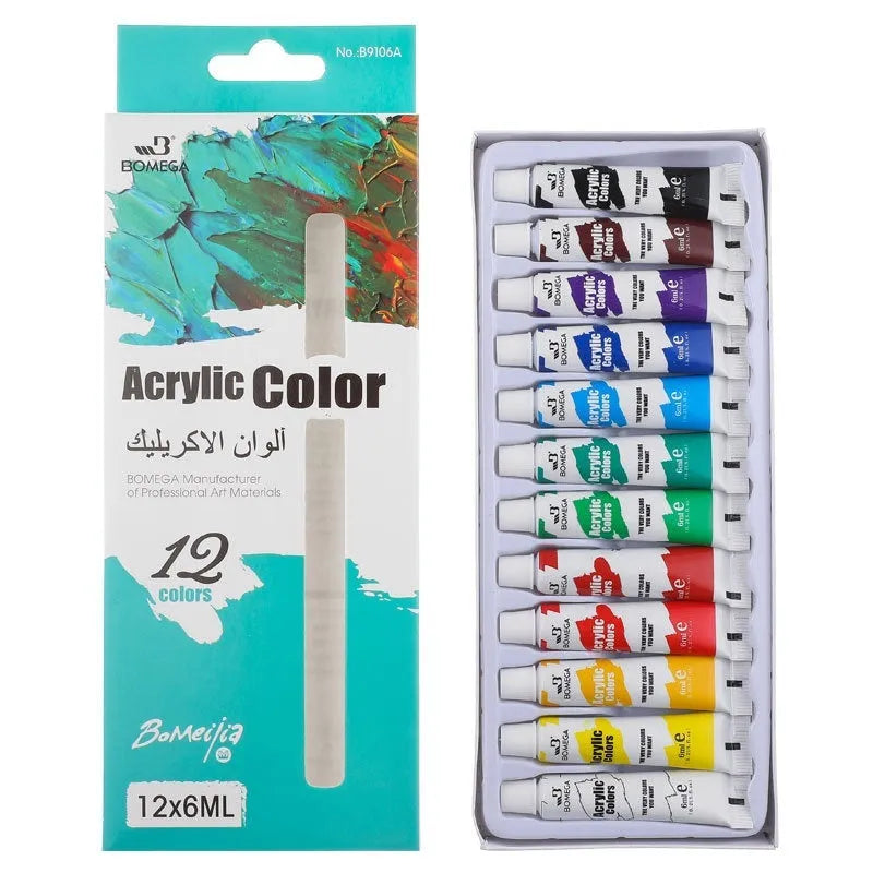 Strip of twelve tubes of artist paint in a 12-colour set for acrylic, gouache, watercolour, and oil painting mediums.
