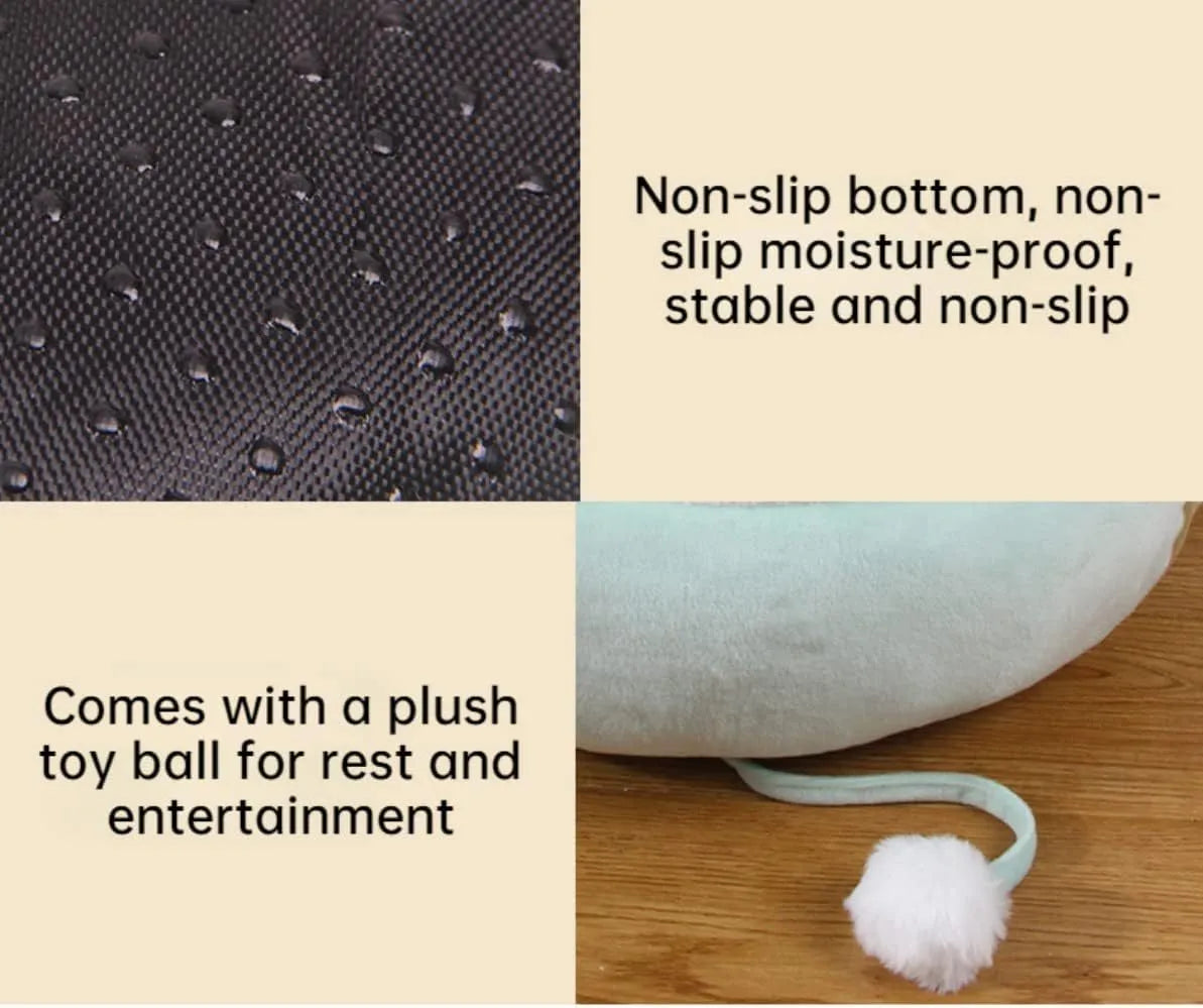 Green chick-shaped cat bed that can be used flat or hung as a hammock for a small cat.