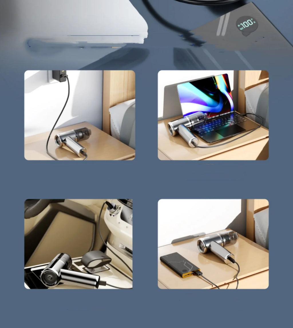 Cordless handheld car vacuum cleaner with attachments on a grey background