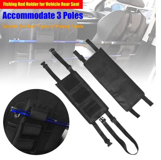 Black nylon Oxford cloth fishing rod holder mounted on car seat headrest with neoprene rod wrap, three-stroke capacity