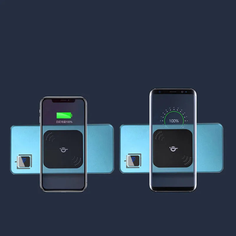 Portable power bank charger with LCD display in alloy casing showing black, silver, red, and blue colour options