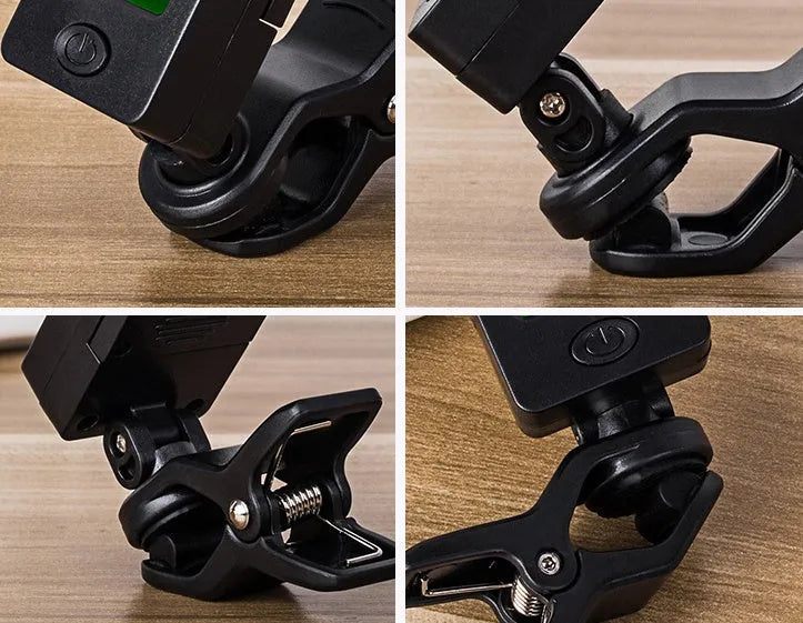 JOYO JT-01 clip-on electronic tuner for acoustic guitar, ukulele, bass, and violin, shown in three style options