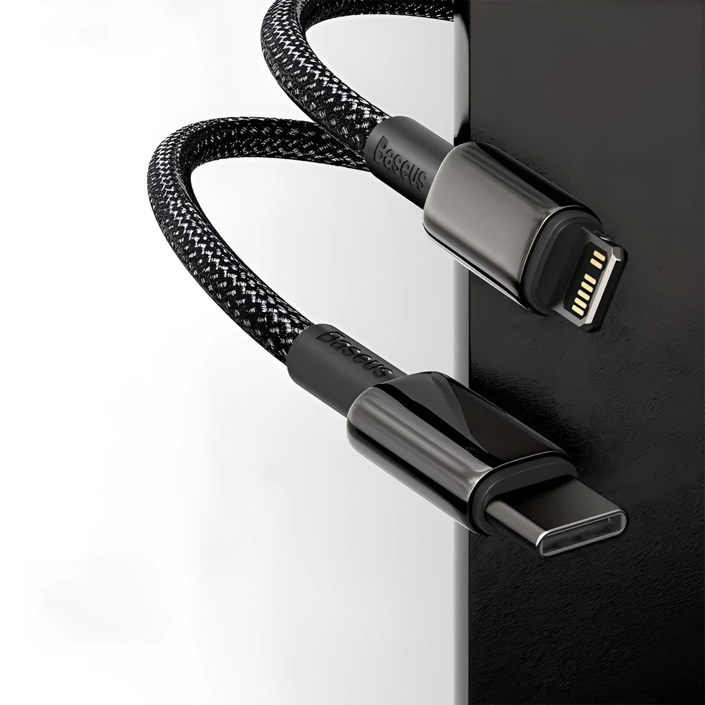 Baseus PD 20W fast charging data cable, black zinc alloy and nylon braided, 1m or 2m, Type C to IP