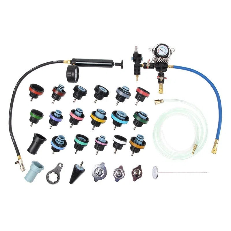 28-piece car water tank pressure leak detector kit in small blue box for cooling system diagnostics