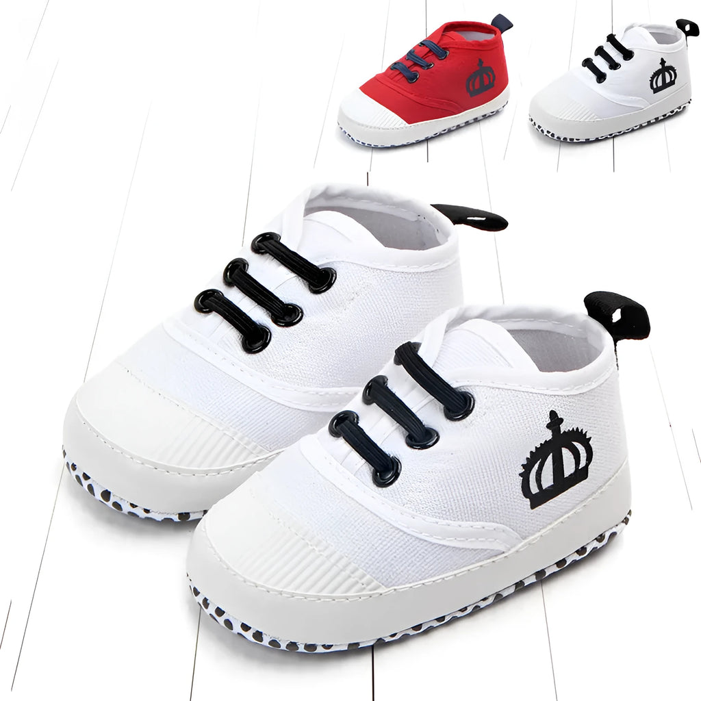 Canvas toddler shoes in red and white with cotton upper and elastic band