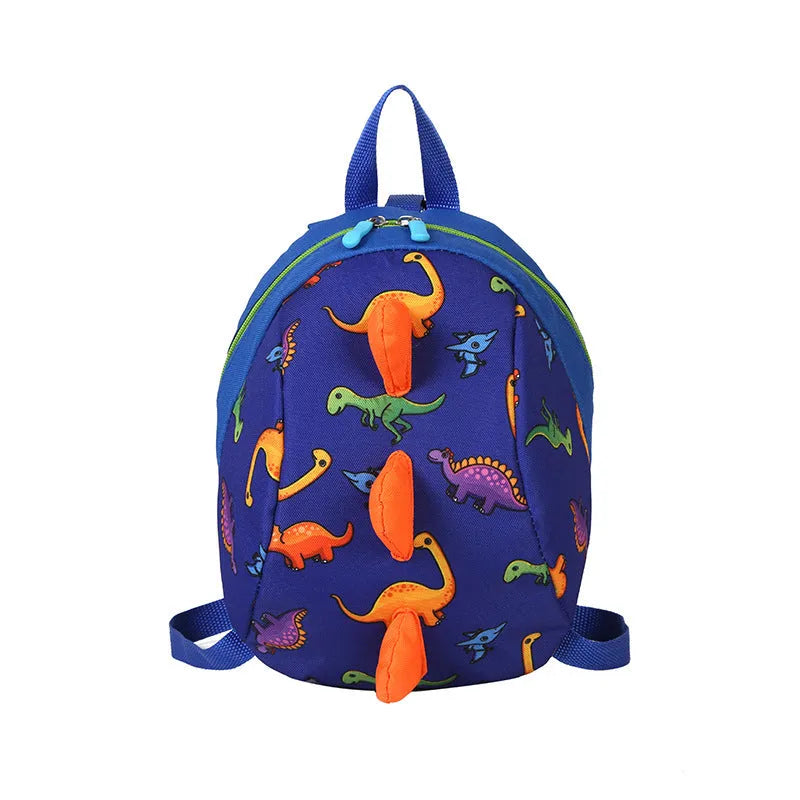 Dinosaur cartoon backpack in blue with printed animal pattern, Oxford cloth, zip closure