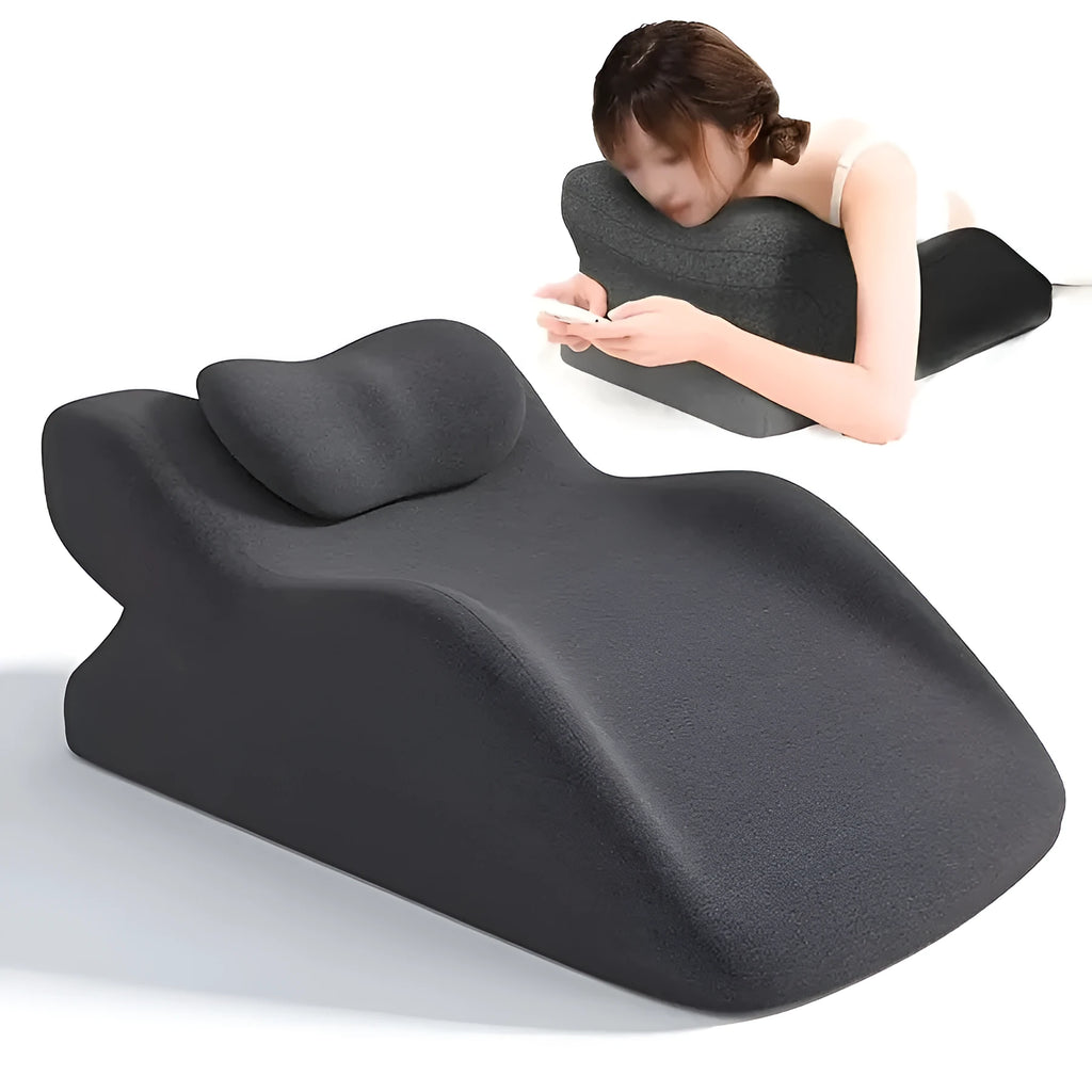 Stomach sleeper pillow in blue, designed for prone sleeping and reading.