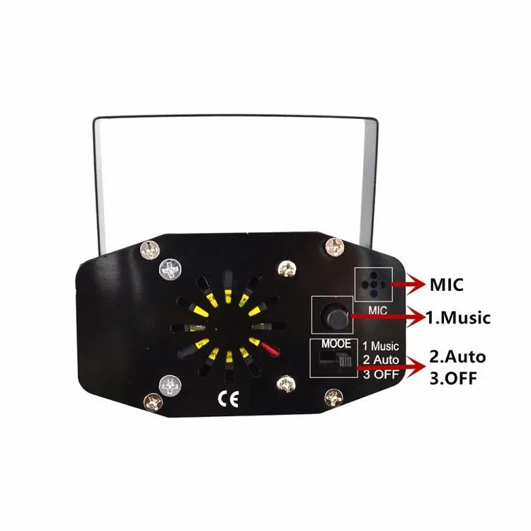 Mini laser projector in black with red and green laser beams, 100m distance, for party and event lighting