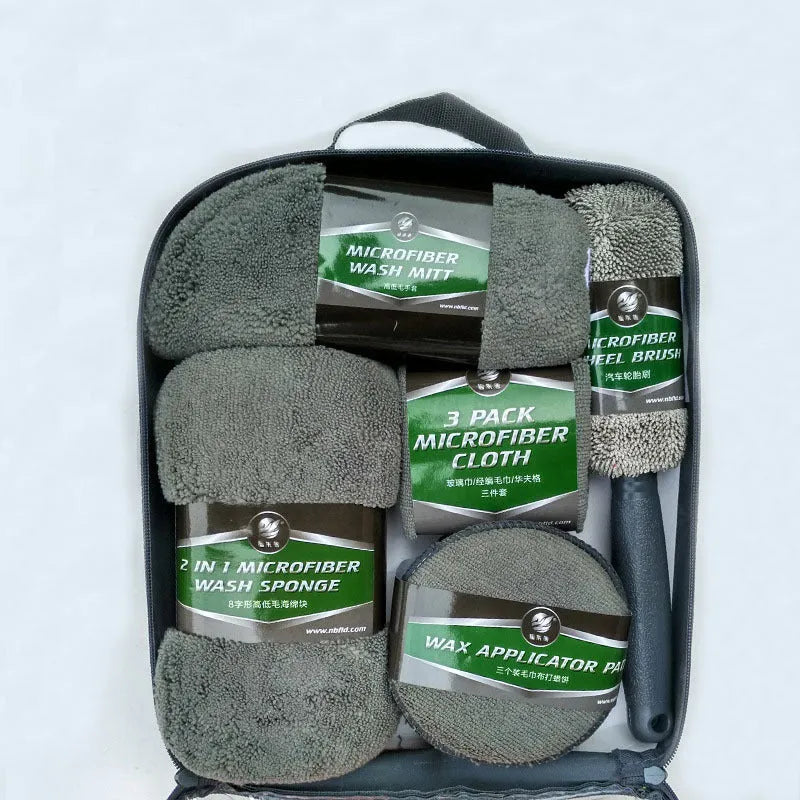 9-piece car wash kit with tire brush, wool glove, sponge block, two 280G/M2 towels, waffle cloth and three waxing cakes