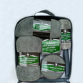 9-piece car wash kit with tire brush, wool glove, sponge block, two 280G/M2 towels, waffle cloth and three waxing cakes