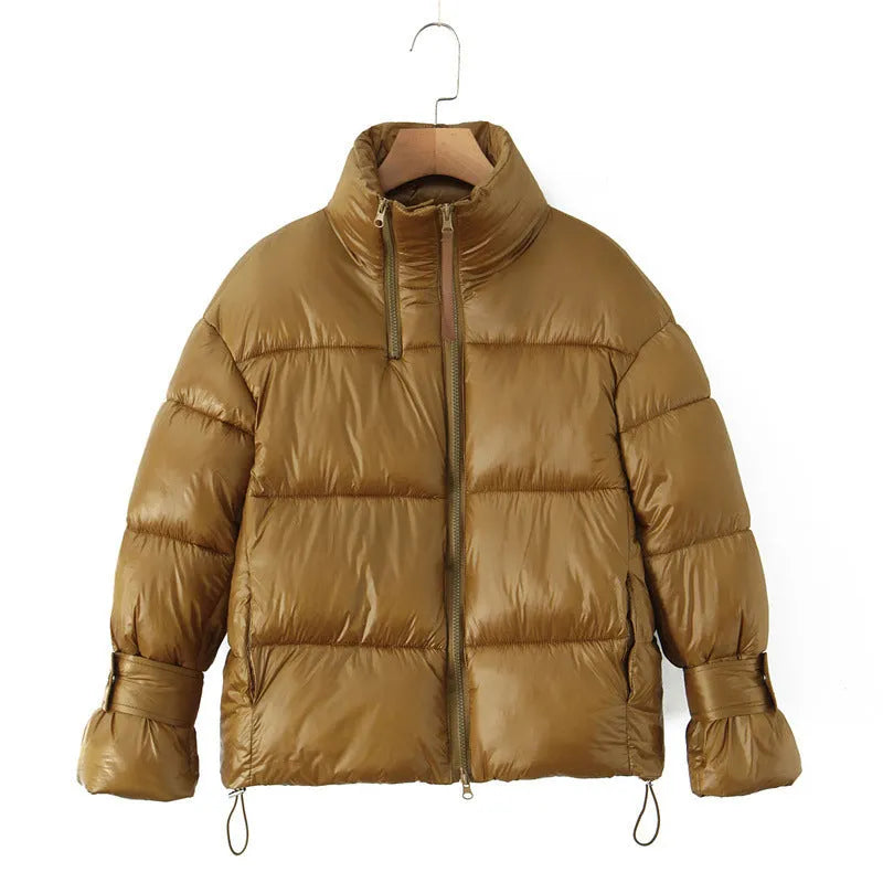 Women's gold puffer coat with stand-up collar, double zipper, long sleeves and straight fit, sizes S to L