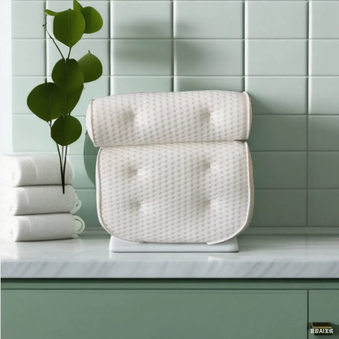 White bathtub pillow with mesh fabric and seven large suction cups on the back.