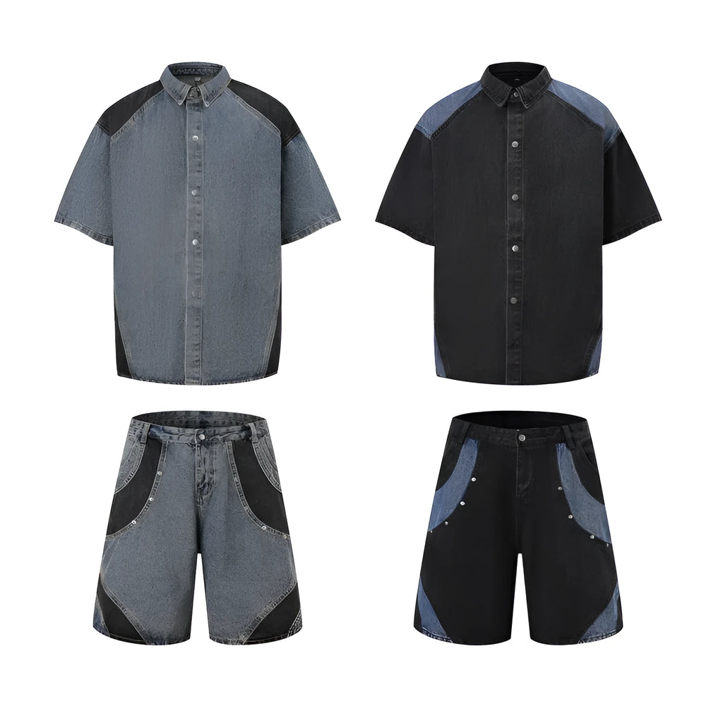 A retro-style washed denim suit featuring a short-sleeved jacket and full-length trousers on a mannequin.