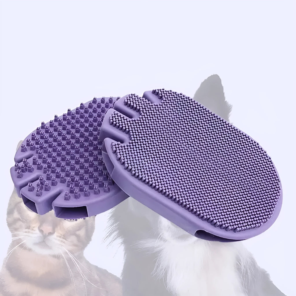 Purple dual-sided pet shampoo brush with soft TPR bristles and ergonomic handle for dog and cat grooming