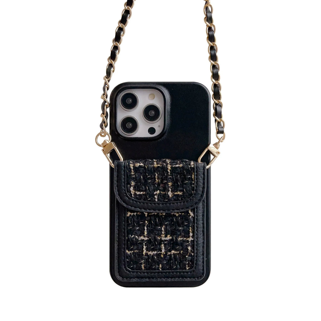 PU leather crossbody chain card holder phone case for iPhone, woven pattern, frosted finish, black colour option