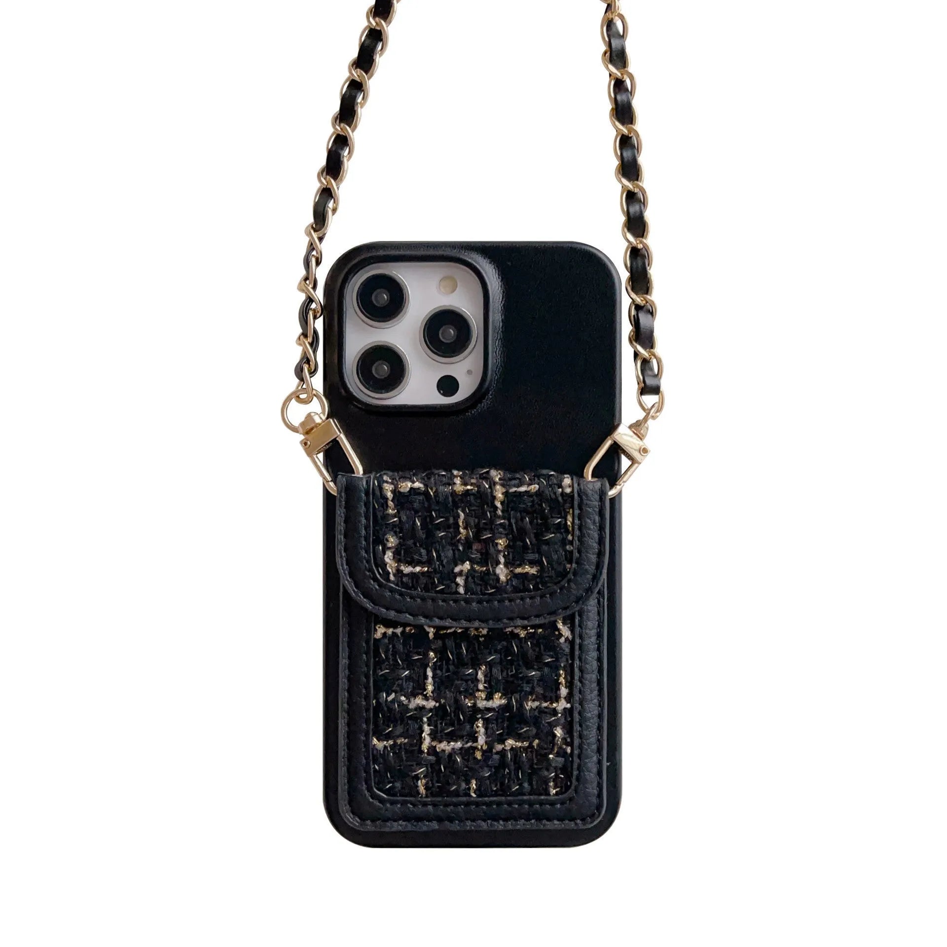 PU leather crossbody chain card holder phone case for iPhone, woven pattern, frosted finish, black colour option