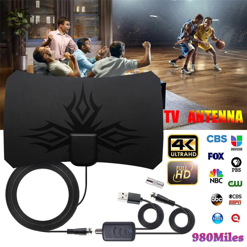 Black irregular flame pattern HDTV antenna for digital TV, VHF and UHF reception, 75 ohm output