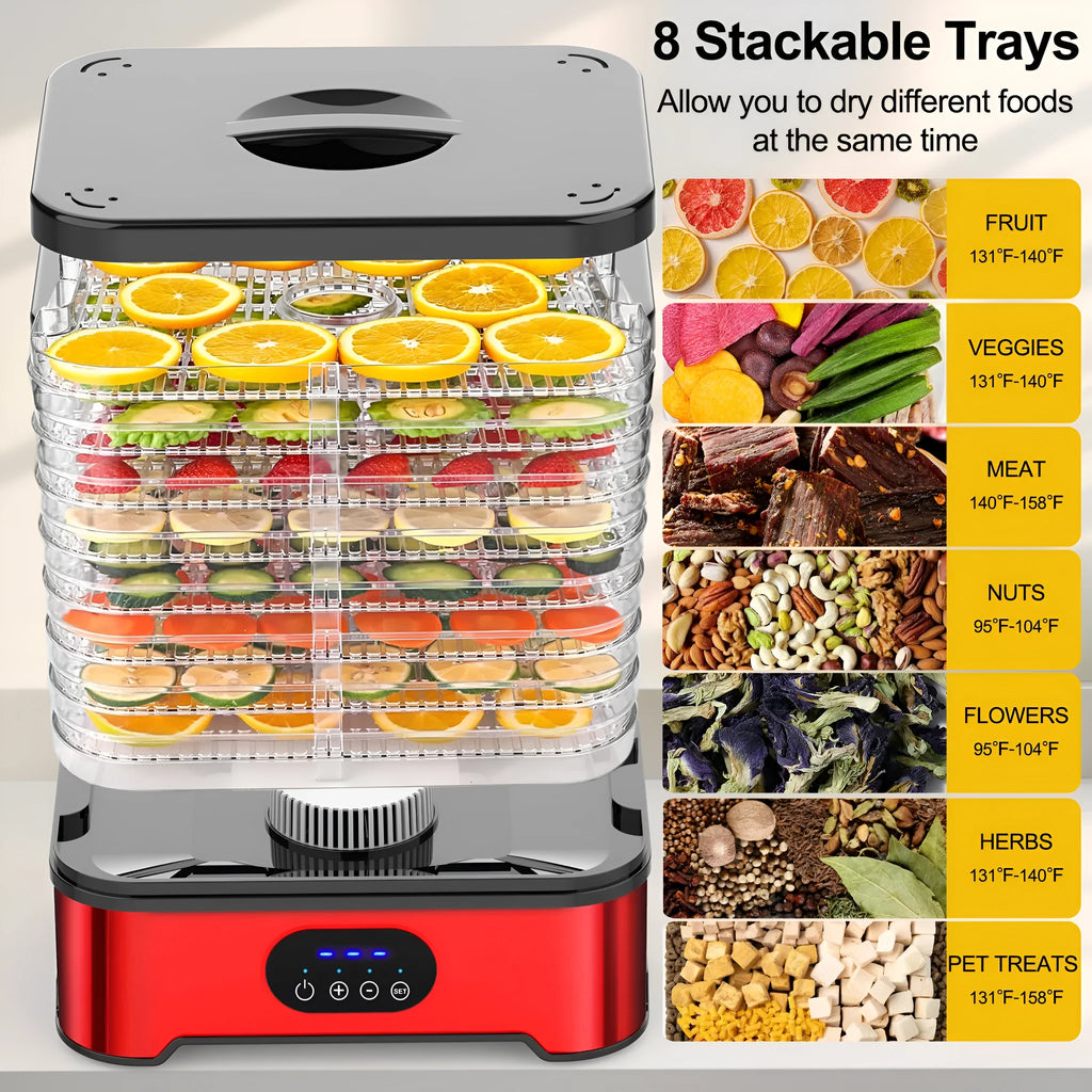 Silver household food dehydrator with 8-layer tray system showing expanded height configuration