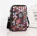 Vertical Oxford cloth phone bag with zip, key loop inside, showing floral and cartoon rabbit print options.