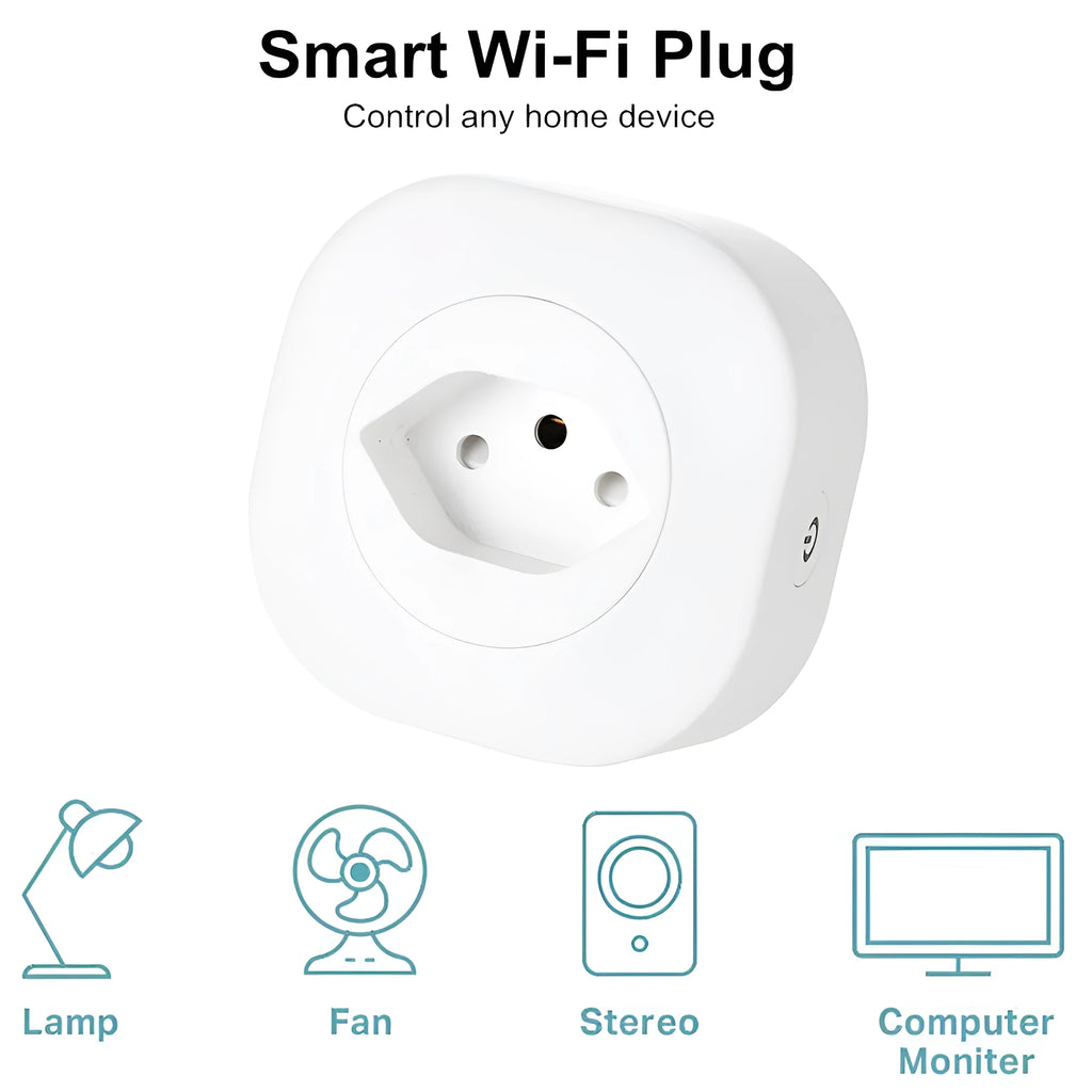 White smart socket plug with Wi-Fi logo, showing UK plug pins and dimensions.