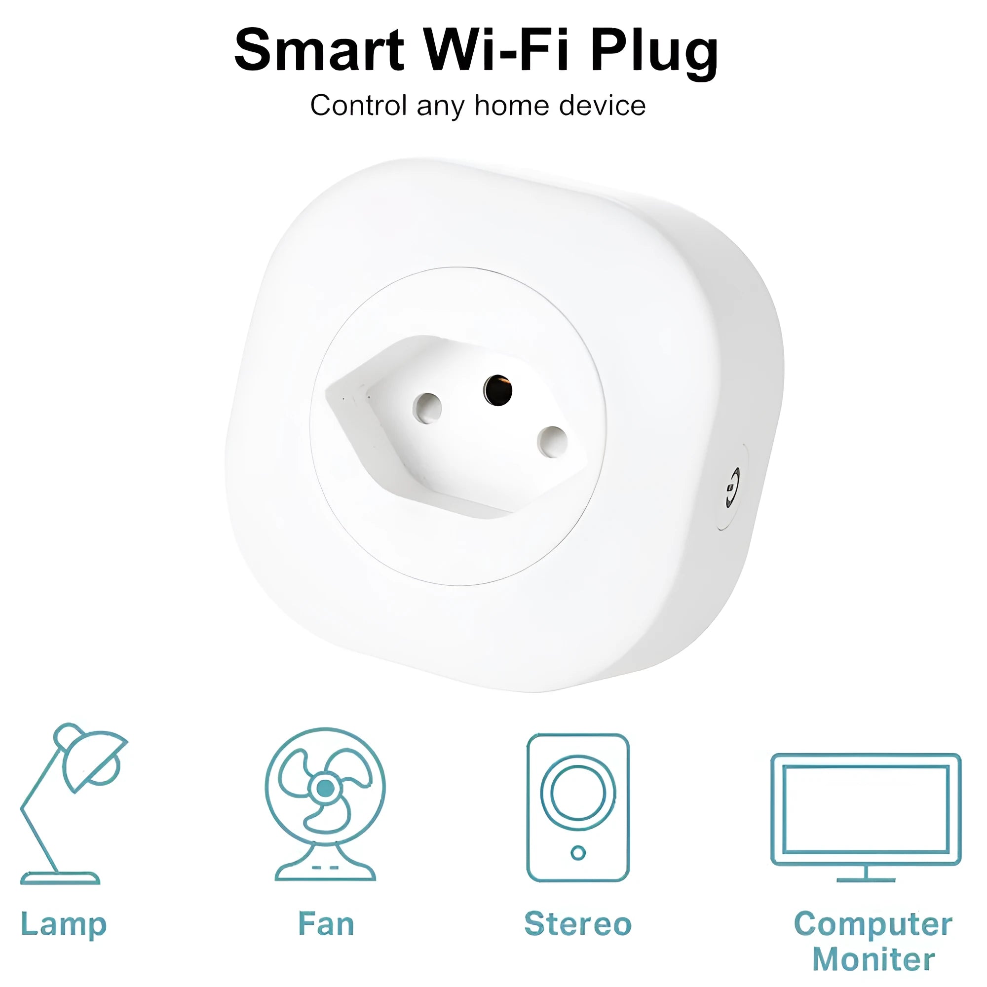 White smart socket plug with Wi-Fi logo, showing UK plug pins and dimensions.