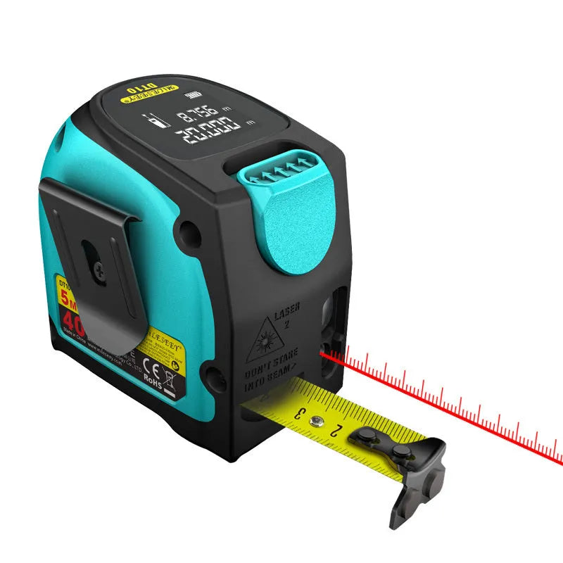 2-in-1 laser tape measure tool with 5m nylon coated blade and magnetic hook on a metal surface