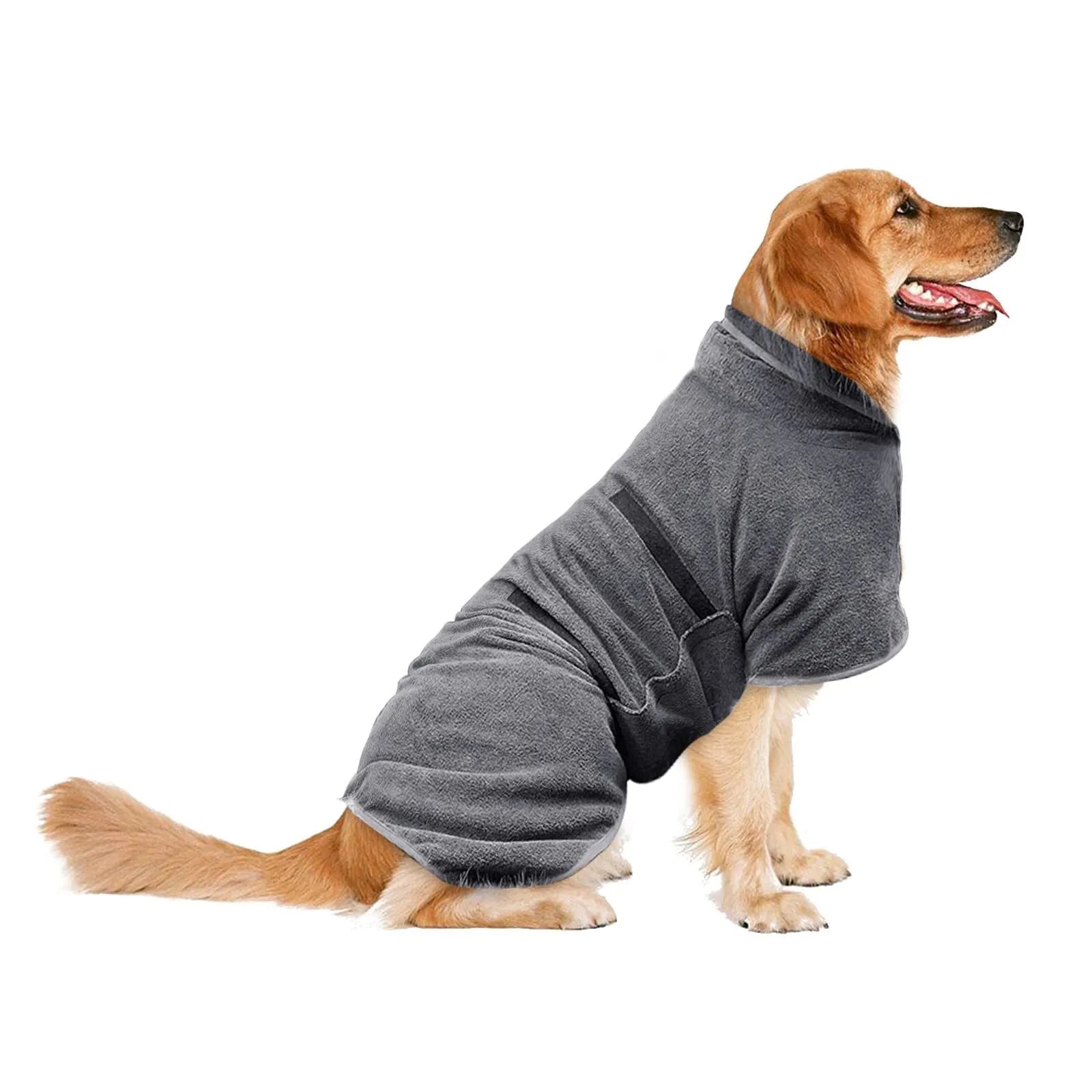 Grey nylon dog robe towel drying coat for pets with wrap-around design