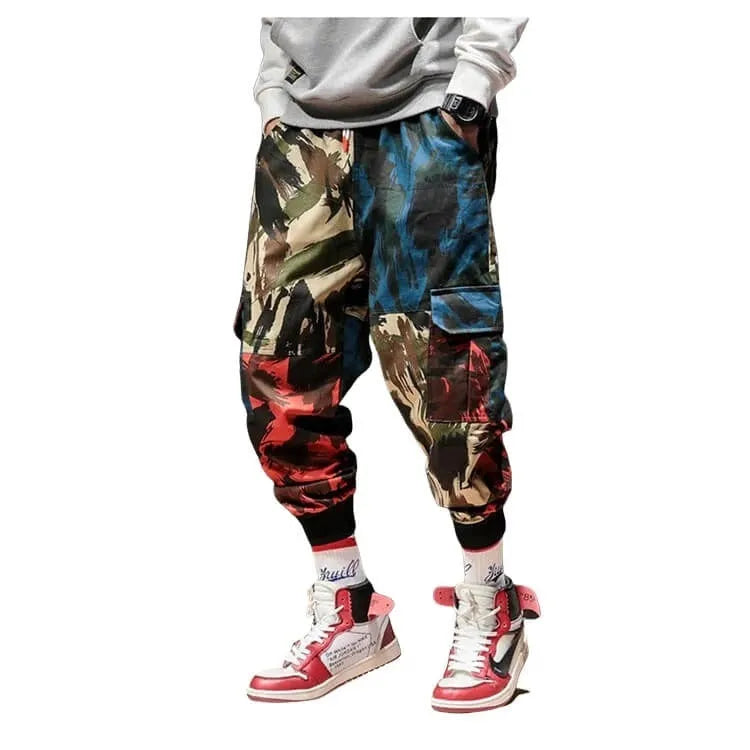 Blue camouflage overalls casual pants made of polyester fibre, full-length loose fit, front view