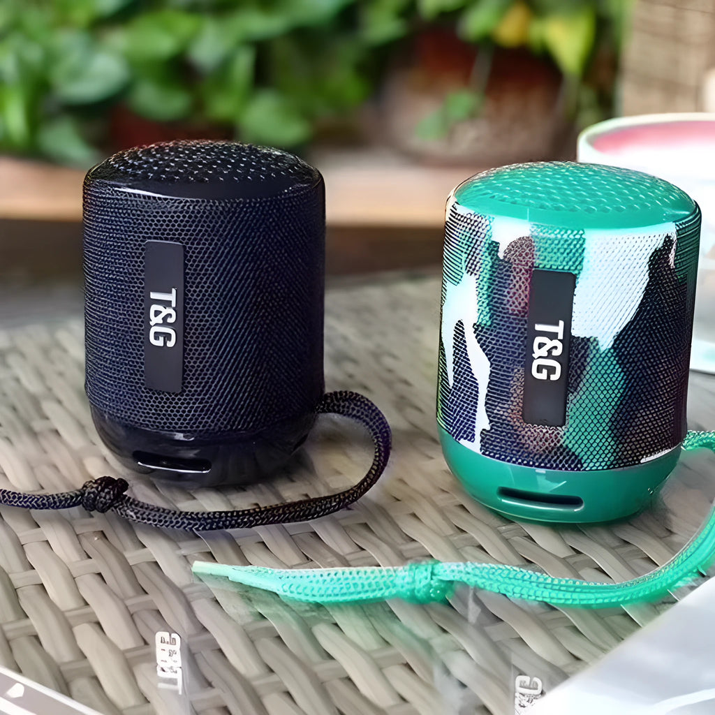 Wireless Bluetooth speaker in black, compact design with buttons and speaker grille, 73.4mm size