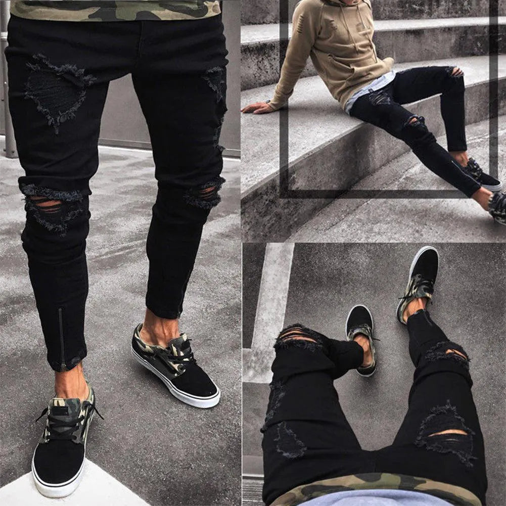 Men's black low waist stretch polyester casual pencil trousers