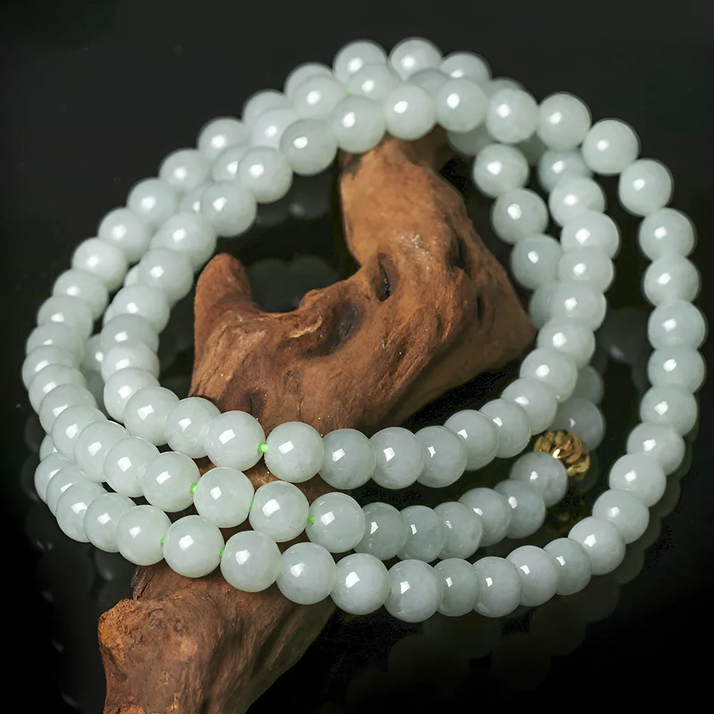 Natural jade bead necklace with white and green round beads on adjustable chain
