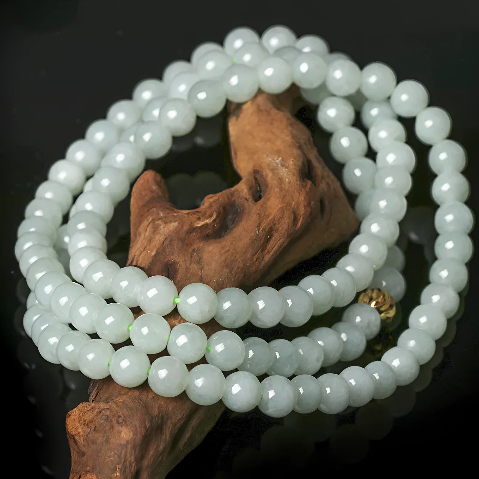Natural jade bead necklace with white and green round beads on adjustable chain