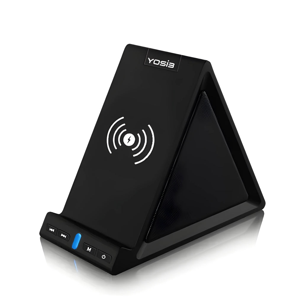 Black multifunctional Bluetooth speaker with integrated phone stand and wireless charging pad, showing size relative to a mobile phone.