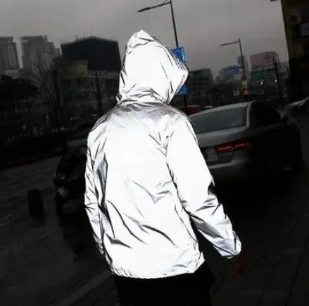 Men's full reflective windbreaker jacket in grey with hooded stand collar and zipper closure