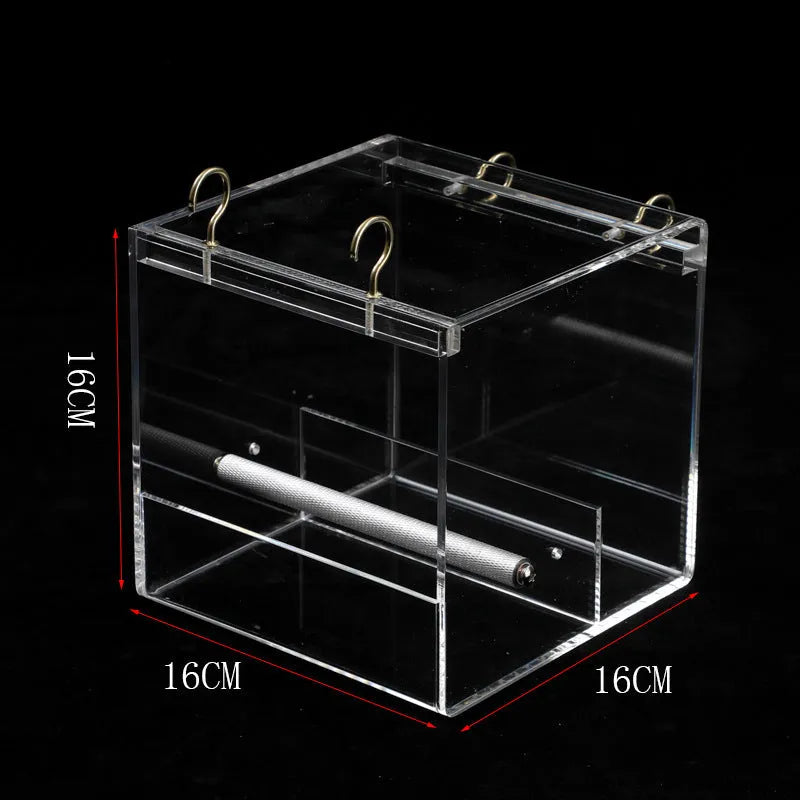 Clear acrylic parrot food box with non-toxic material, available in small, medium and large sizes
