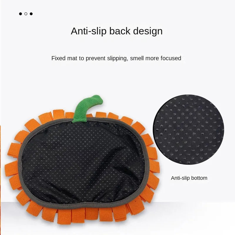 Orange pumpkin-shaped dog sniffing mat with raised fur texture for slow feeding