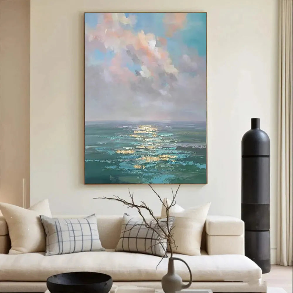 Handmade oil painting canvas wall art, abstract ocean landscape, frameless, multiple sizes up to 120x180cm