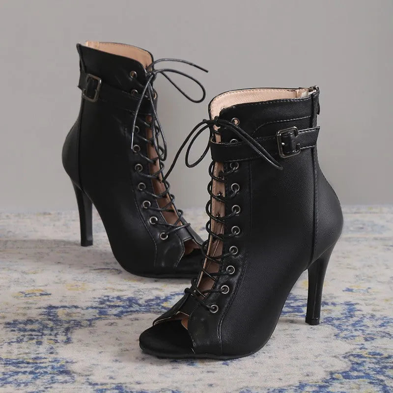 Black women's peep toe high heel pumps with lace-up buckle straps, back zipper, PU upper, and rubber sole.