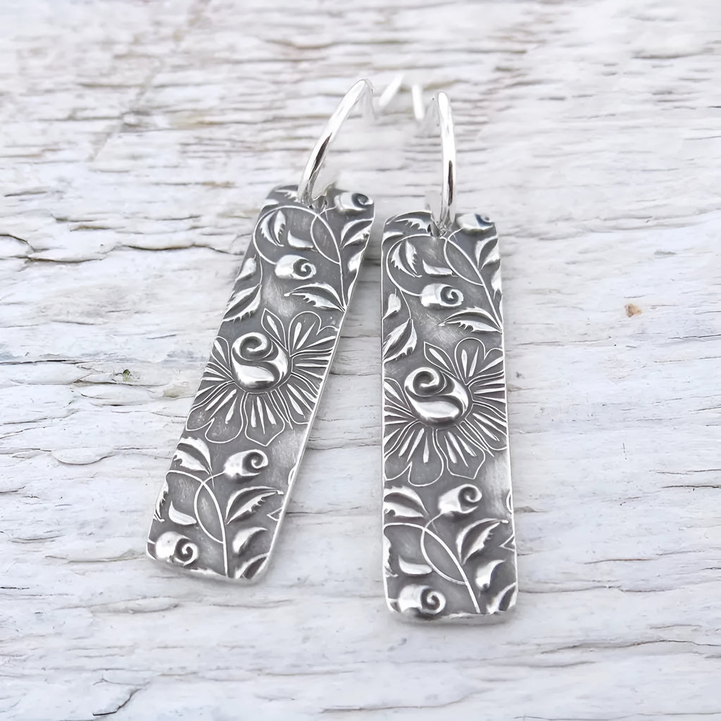 Long silver geometric earrings with carved vine design and retro European American style
